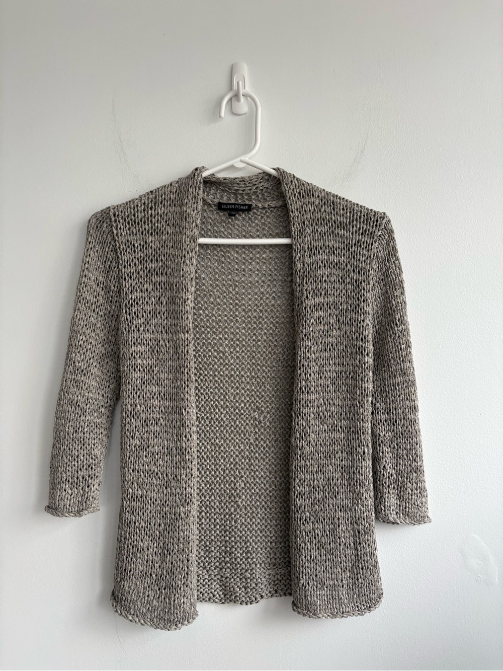 Eileen Fisher Open Front Textured Open Knit Cardigan Taupe Size Medium
